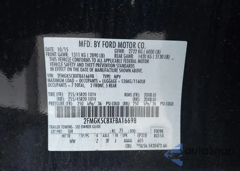 2015 Ford Flex Sel z USA, uszkodzony, nr VIN 2FMGK5C8XFBA16698